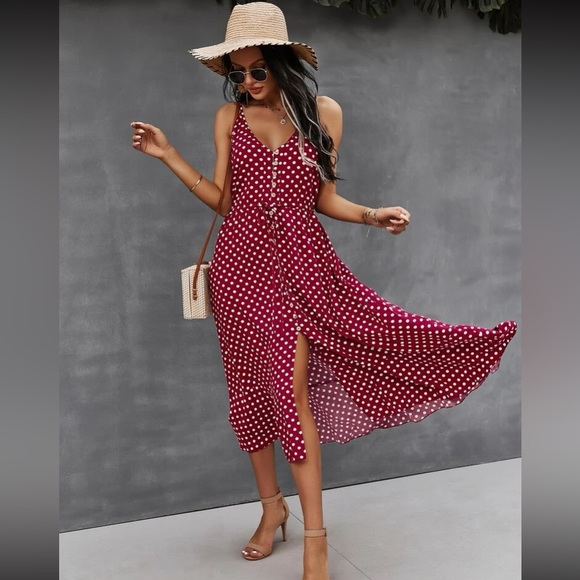 Boho polka dots print button detail drawstring waist cami dress - Picture 11 of 16